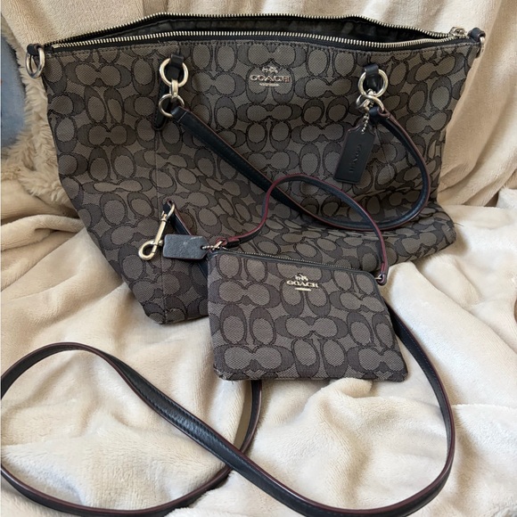 Coach Handbags - Coach Kelsey Brown Signature Canvas Tote with Matching Crossbody Pouch